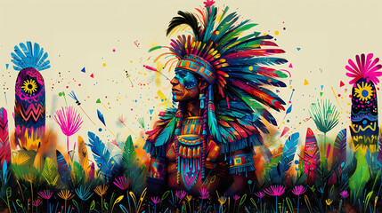 colorful illustration of mayan warrior with feathers, ancestral mexican culture, tribal - obrazy, fototapety, plakaty