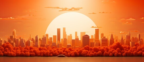 Paper-cut style depiction of a heatwave in an urban setting, 3D minimalist render, super blurred city background,