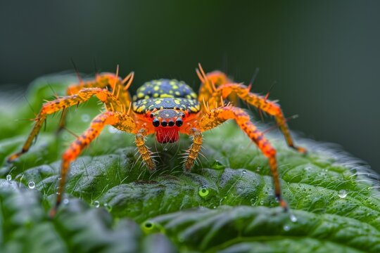 A spider is standing on a leaf. The spider is orange and black