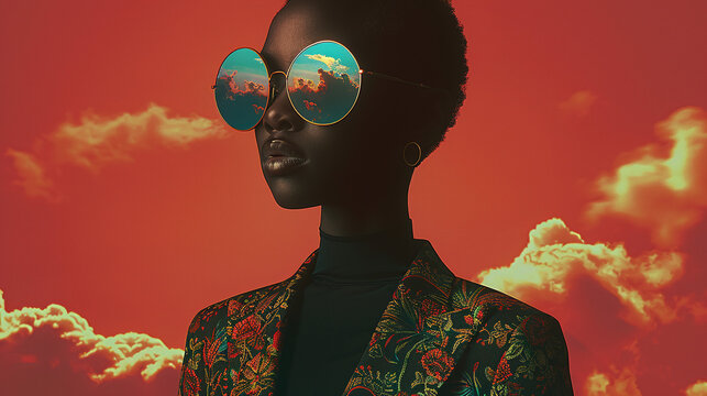 fashionable chic short hair black woman wearing big round sunglasses, on red background, retro vibe