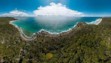 aerial panorama of unique ecosystem of noosa everglades - beautiful curvy noosa river and lush,...
