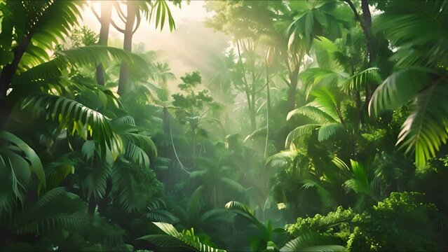 Panoramic view of beautiful rainforest. Beautiful sky, mountains and jungle. Aerial view. Prehistoric earth. Ai-generated.