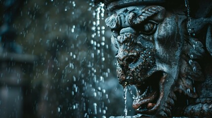 Fototapeta na wymiar A close-up of a gargoyle's snarling face with water streaming, ideal for gothic art showcases or horror-themed game graphics.