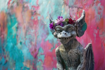 A joyful gargoyle statue wearing a flower crown sits before a vibrant abstract background, a great choice for art marketing or creative expression workshops.