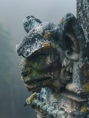 A close-up of a moss-covered gargoyle face, exuding an air of ancient mystery, suitable for storytelling in a fantasy setting or historical illustration.