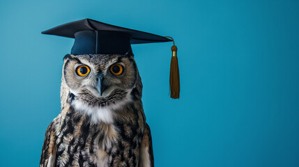 Proud owl dons graduation cap, radiating wisdom against blue backdrop. Education and graduation themes, Concepts