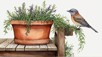 A painting of a bird sitting on top of a potted plant in a realistic style. Generative AI