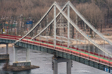 February 10, 2022, Ukraine, city of Kyiv, pedestrian bridge over the Dnieper River.
