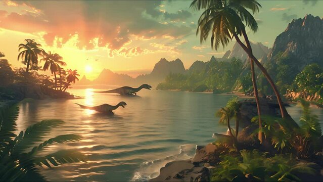 AI-generated dinosaurs in a prehistoric landscape. Perfect for educational materials, scientific publications, and digital art. The concept of time when dinosaurs ruled the Earth.