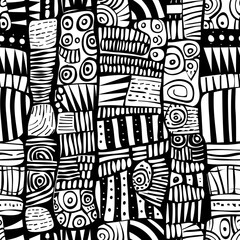 Abstract doodle black and white seamless pattern.