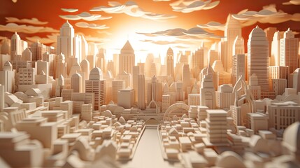 Realistic paper-cut depiction of heat-distorted urban architecture, minimalist 3D design, super blurred cityscape background, - obrazy, fototapety, plakaty