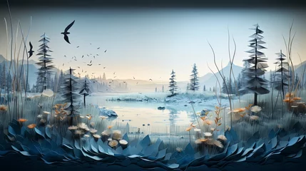 Foto op Plexiglas Realistic paper-cut depiction of vanishing wetlands, minimalist style, super blurred aquatic landscape background, © Anuwat