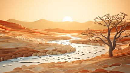 Realistic paper-cut illustration of a dried-up riverbed, minimalist style, super blurred landscape background,