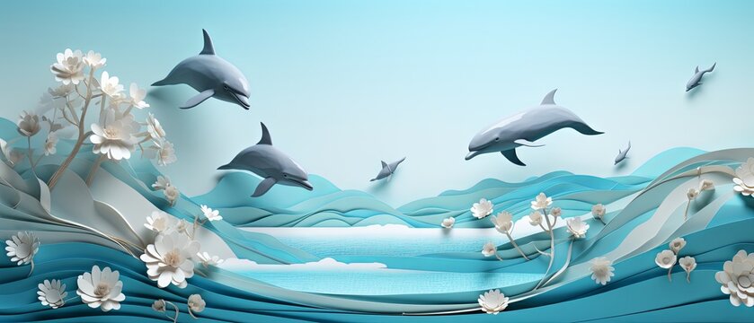 Realistic paper-cut style ocean landscape with dolphins jumping, minimalist 3D render,