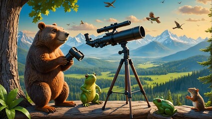 big great bear, Wonderful Wood, look at the monn, 
telescope, with frog bird and squirrel