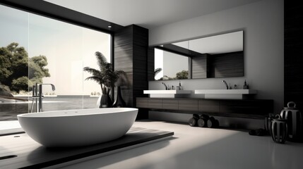 Modern interior of a spacious black and white bathroom with a white bathtub and a chic vanity, black walls. 