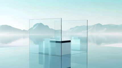 foreground with a glass cabinet on an open water surface, background with glass textured mountains