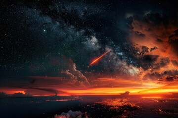 Fototapeta premium Burning comets and meteors streak across the sky, hurtling towards Earth with fiery intensity, illuminating the darkness of space