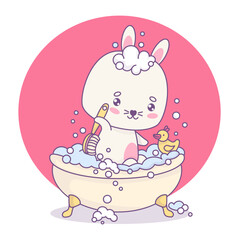 Cute rabbit in bubble bath washes his back with brush. Whimsical relaxed in bathroom cartoon animal character. Vector illustration. Clean comfort and self-care.