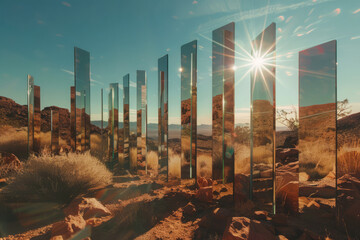 Desert mirror installation reflecting sky at sunset. Large mirrors in natural landscape, tunnel to fantasy world