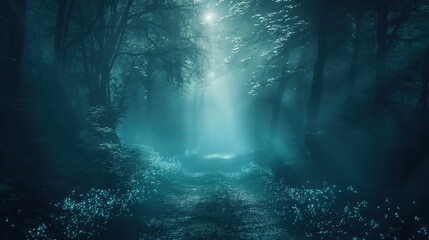 Mysterious forest with a path leading towards the misty light. Blue and cyan tones. Road softly glowing under the moonlight, surrounded by dark trees. Mystical nighttime landscape.