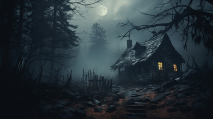 Creepy house with a dark forest in the background