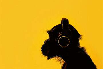 Silhouette of monkey with headphones against vibrant yellow backdrop. Creative music background.