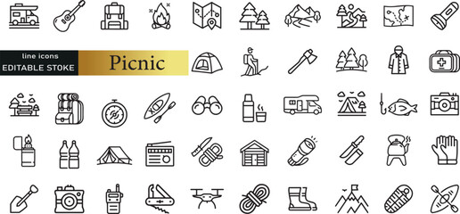 Summer Outdoor Recreation and Picnic vector line icon set. Contains linear outline icons like Campfire, Table, Camping, Grill, Food, Bbq, Hamburger, Blanket, Drink, Hiking. Editable use and stroke