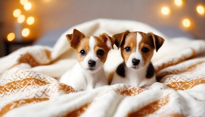 Two cute puppies of breed Jack Russell Terrier on the background in a warm blanket