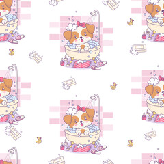 Seamless pattern with dog girl bathes in bath with foam in shower on white background. Cute funny kawaii animal character. Vector illustration. Kids collection.