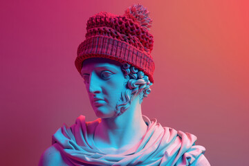 Antique plaster statue of man wearing knitted hipster hat on neon colored background. Creative...
