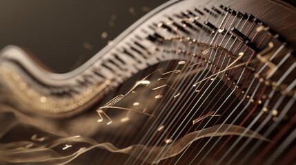 Close-up of harp strings with golden highlights, suitable for detailed musical instrument studies - Powered by Adobe