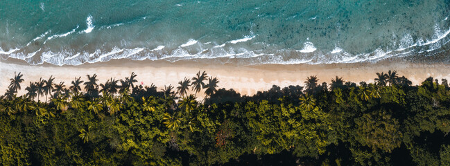 Aerial drone shot of Bingil Bay Beach at Mission Beach, Tropical North Queensland, Australia