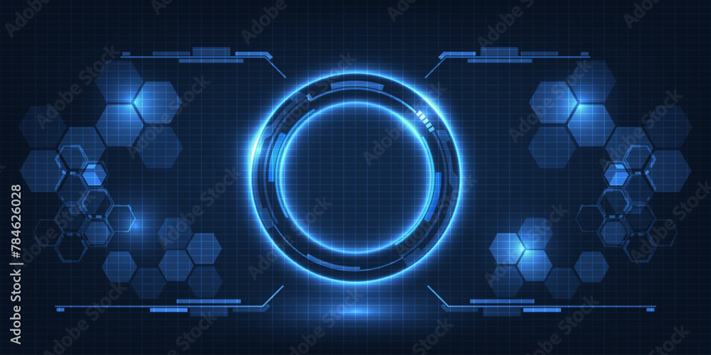 Poster futuristic glowing neon circle blue stage hi-tech layout display and space.future of technology desi