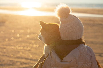 A young girl with a dog in nature. Kid girl sitting with a shiba inu dog on the beach at sunset in Greece in winter - 784626016