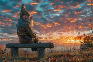 A stoic dwarf deep in contemplation, basking in the summer sun on a bench under a gently colored sky