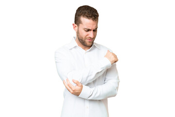 Young handsome blonde man over isolated chroma key background with pain in elbow