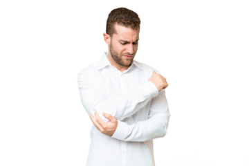 Young handsome blonde man over isolated chroma key background with pain in elbow