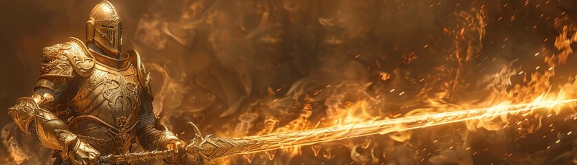 Standing proud in his regal gold armor, the dragon knights aura fire sword blazes brightly against a velvety chocolate cream background - obrazy, fototapety, plakaty