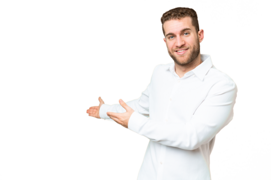 Young handsome blonde man over isolated chroma key background extending hands to the side for inviting to come