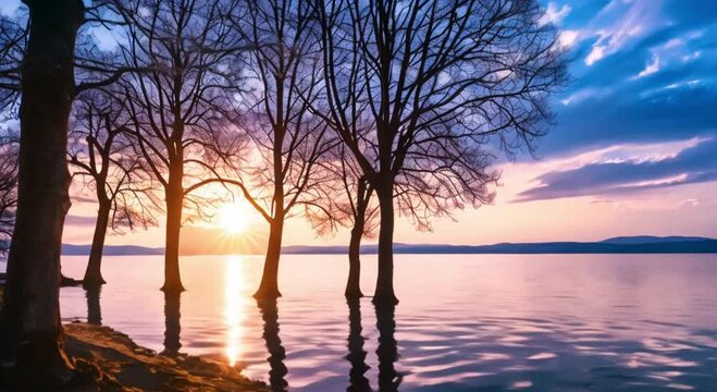 view of trees by the lake at sunset footage