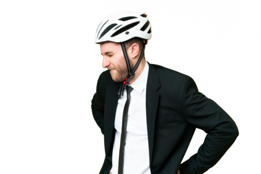 Business person with a bike helmet over isolated chroma key background suffering from backache for having made an effort - Powered by Adobe