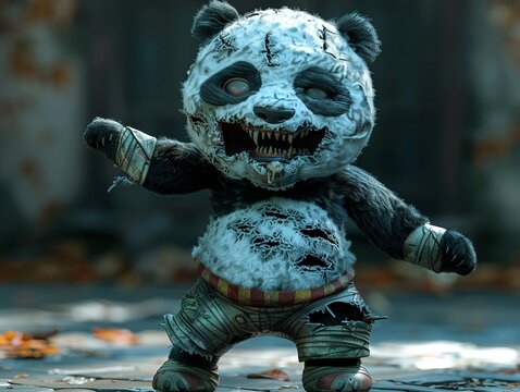 Enveloped by a black void, a panda zombie expresses joy through a mesmerizing dance, its movements exuding a unique charm