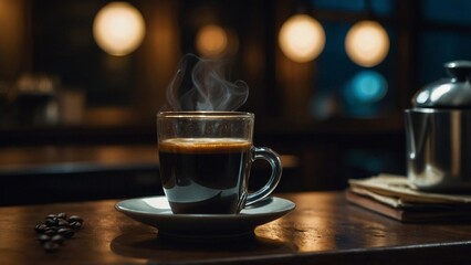 cup of coffee on the table - obrazy, fototapety, plakaty