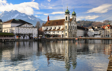 Marvelous historic city center of Lucerne with famous buildings. Popular travel destination. Lucerne, Switzerland, Europe.