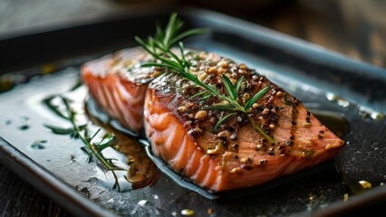 Salmon fillet with a sprig of rosemary, spices and a slice of lemon - obrazy, fototapety, plakaty
