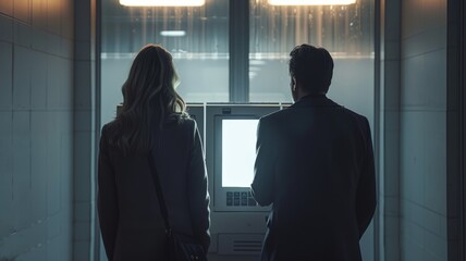 silhouette of two businespeople looking at a screen of  a cashier