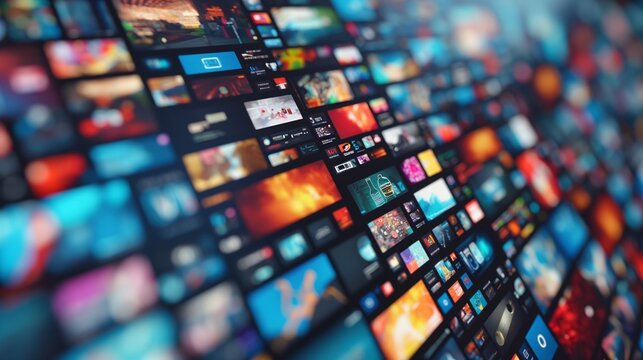 Wall of colorful streaming media thumbnails, Concept of digital marketing, online entertainment, and media consumption