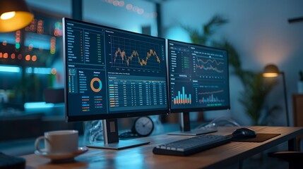 Dual monitors showcasing dynamic financial market graphs and data analysis in a modern office setup, Concept of stock market analysis, trading, and financial management