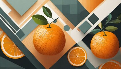 Orange fruit geometric art poster with squares, circles shapes and figures; creative conceptual 